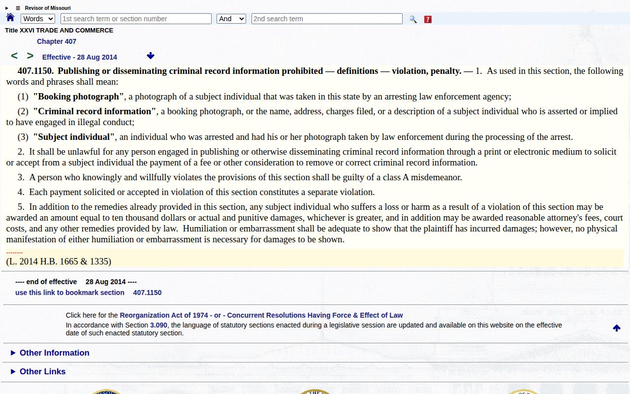 Missouri booking photograph anti-pay-to-remove statute page