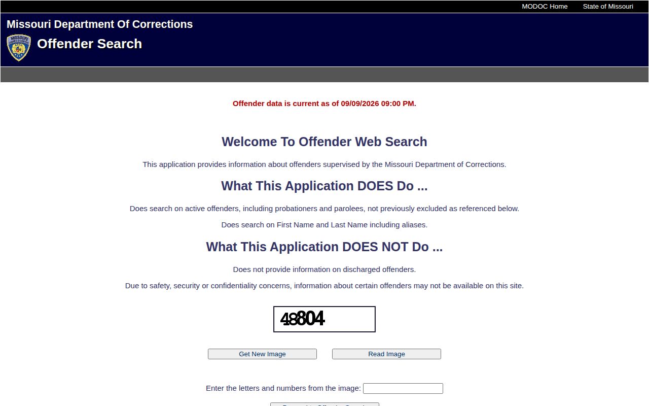 Missouri Department of Corrections public offender search form