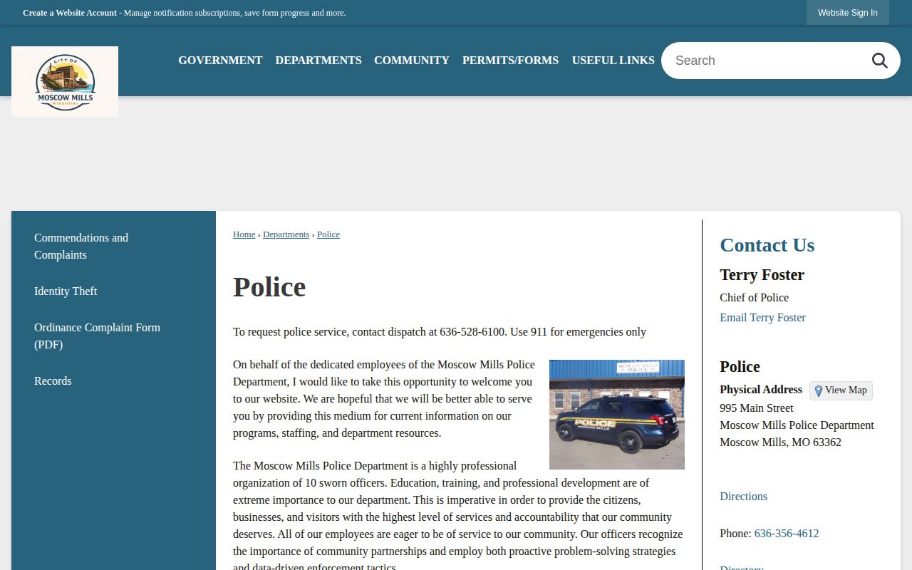 Official Moscow Mills Police Department contact page