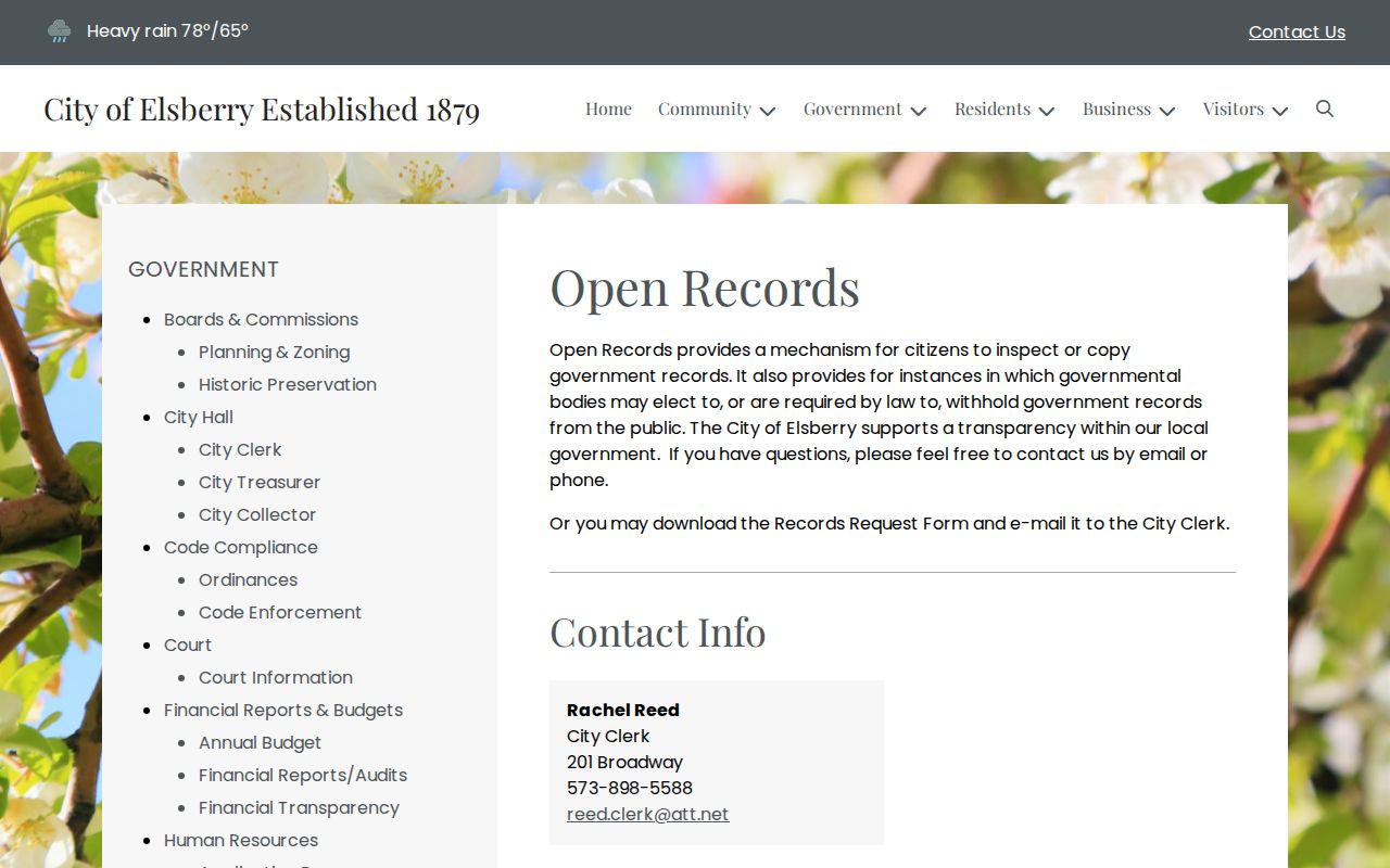 Elsberry official open records page and request route