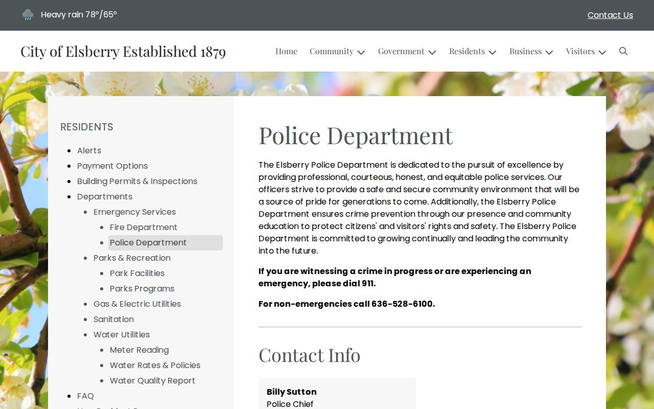 Official Elsberry Police Department page with contact routing