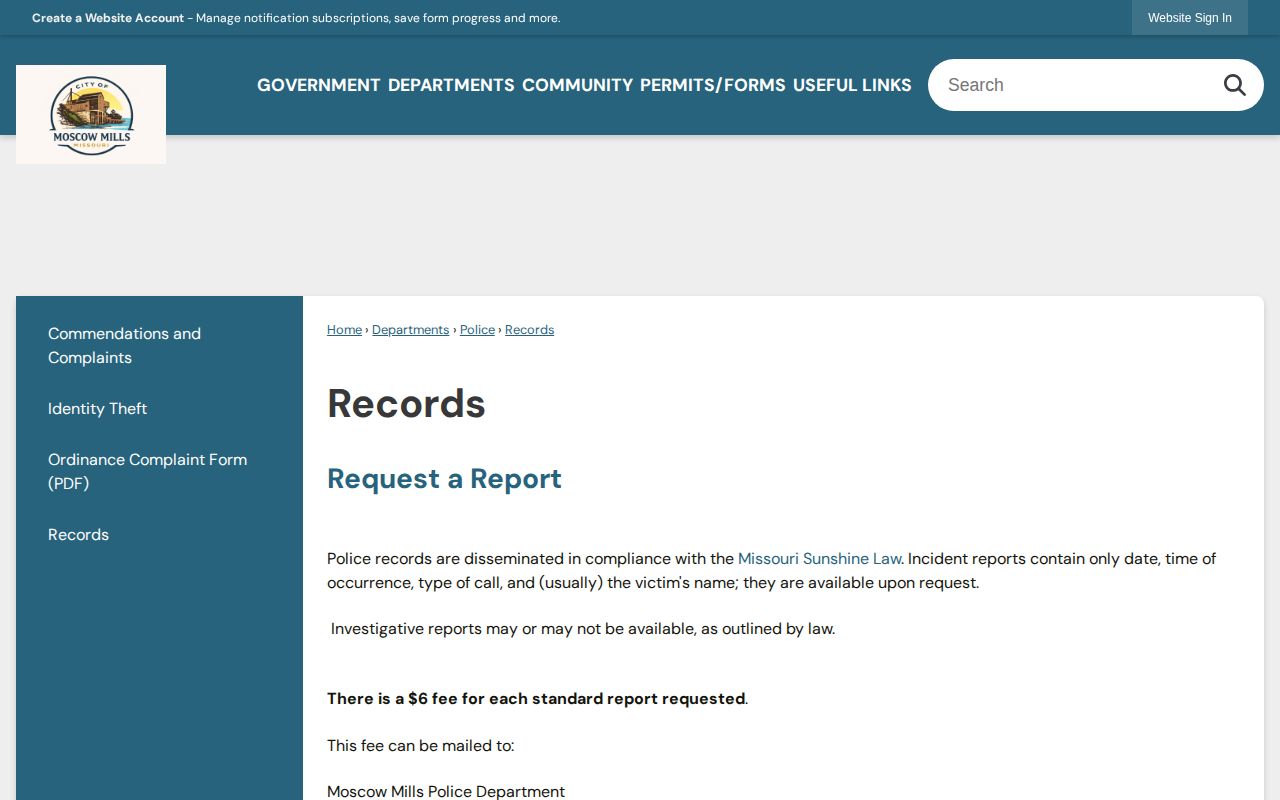 Moscow Mills Police Records page with report request information